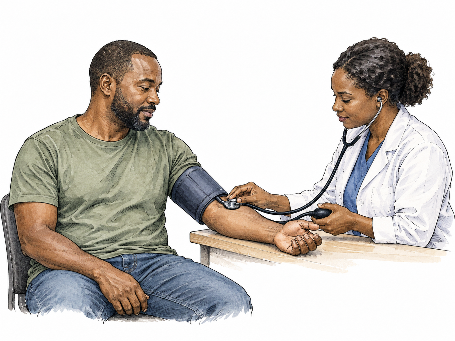 A Black adult undergoes a routine non-graphic blood-pressure examination.