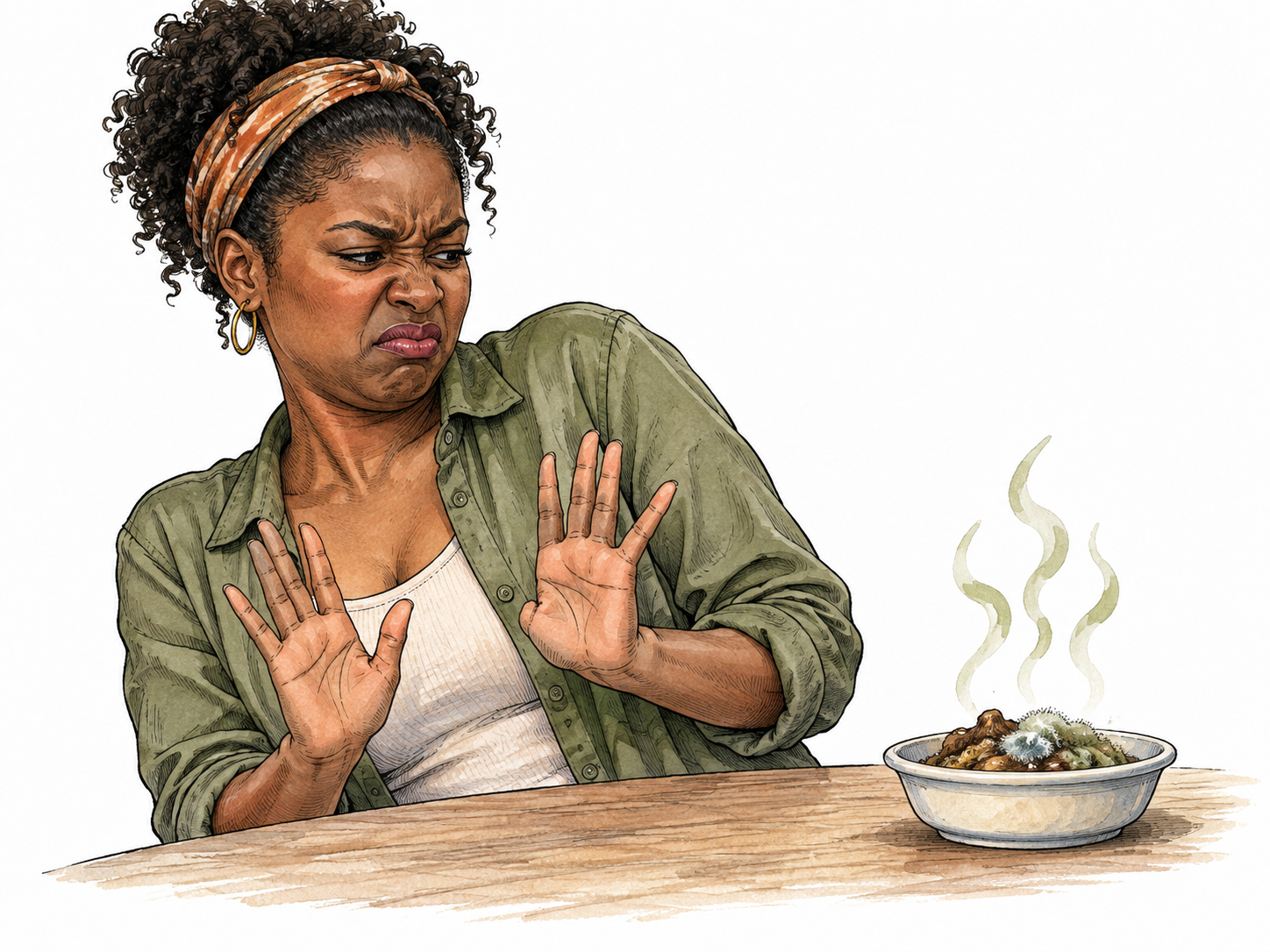 A Black woman recoiling with nose wrinkled from a small dish of spoiled food, clear disgust, natural expression.