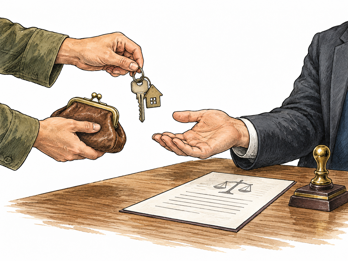 A locked house key and coin purse surrendered across an official desk beside a penalty document, no readable text.