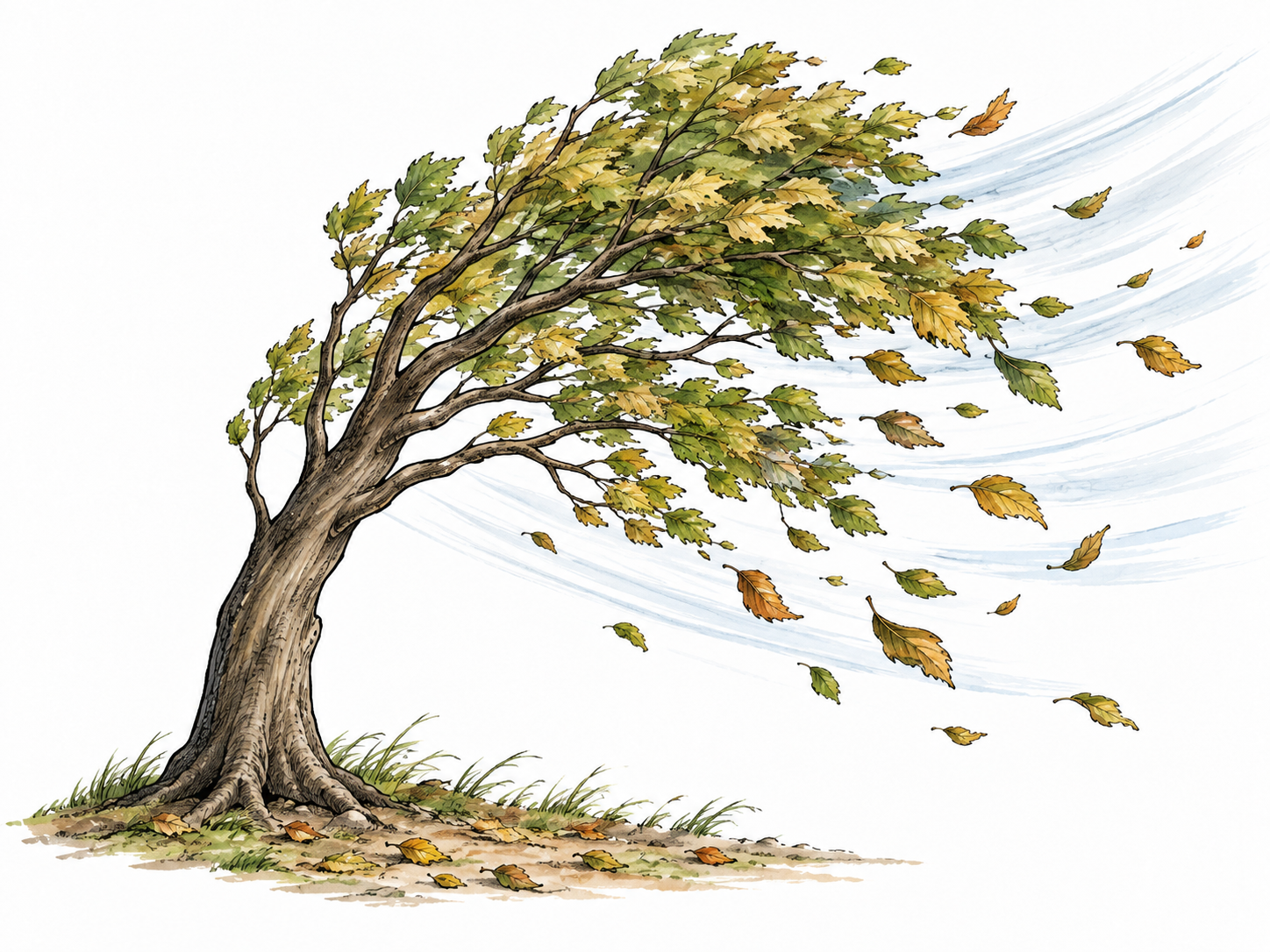 A strong breeze bends a tree and scatters its leaves, visibly affecting it.