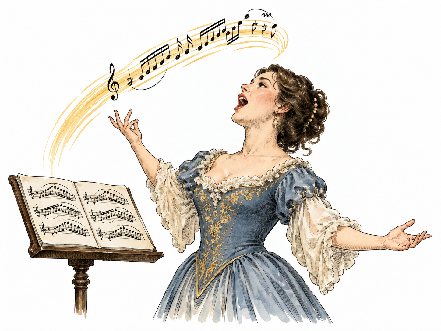 Soprano performs agile high passage, sheet music with ornate runs.