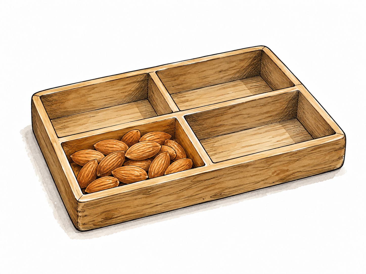 One section of a segmented wooden tray highlighted by contents.