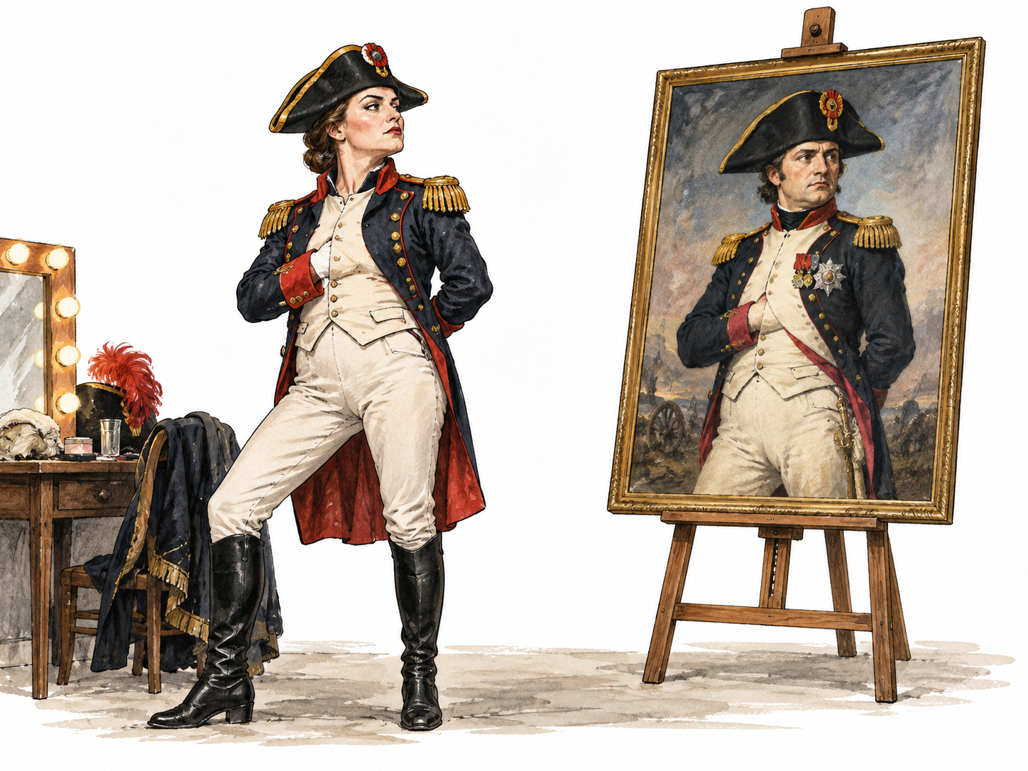 White female stage impersonator copies famous fictional general shown on easel portrait.