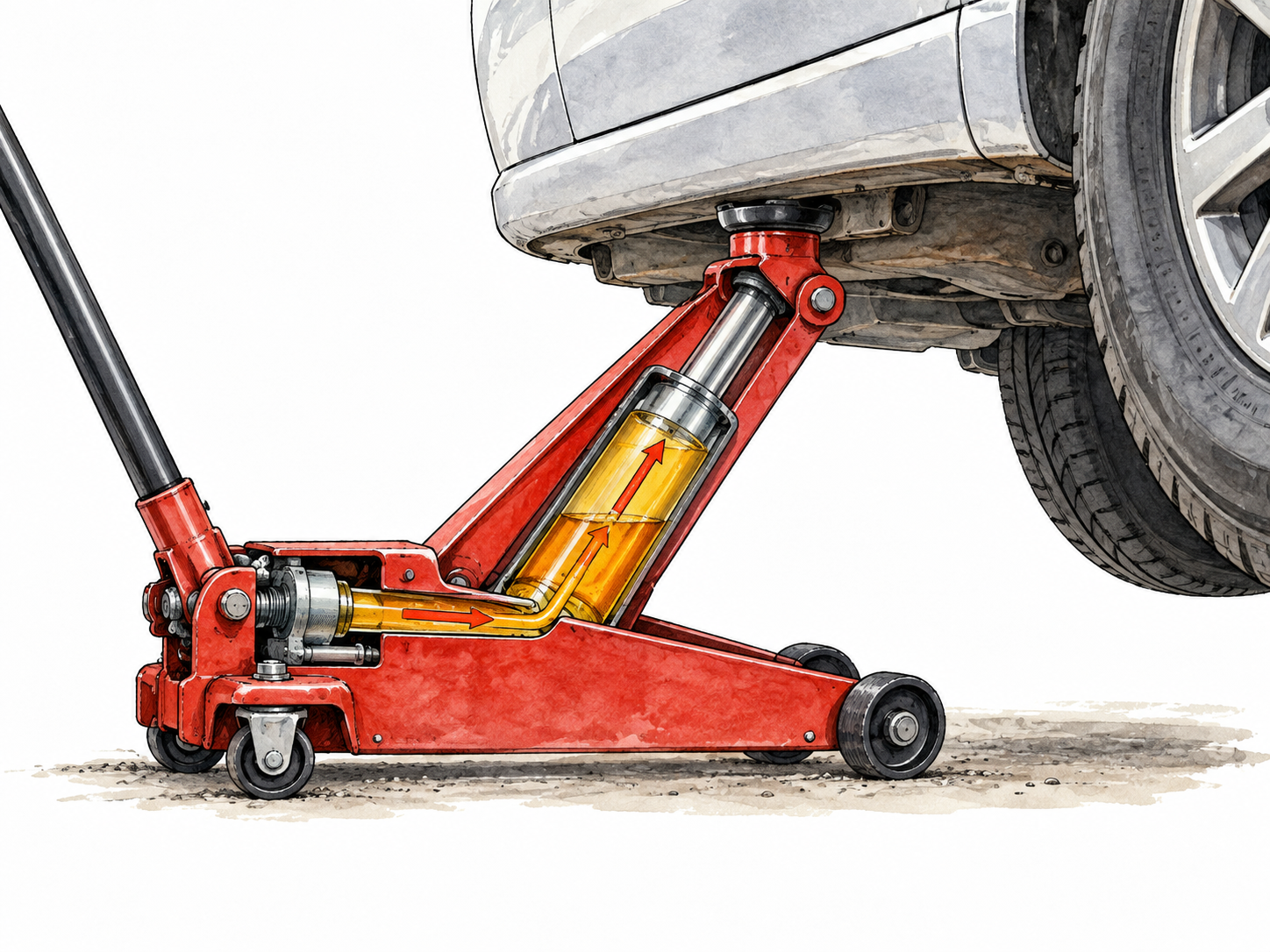 A hydraulic workshop jack raises a car, piston and liquid pressure cylinder clearly visible.