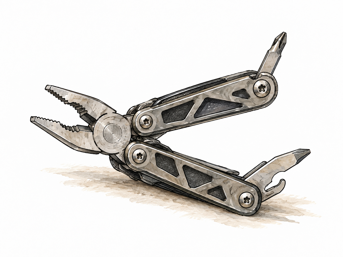 A compact folding multitool opened to show a tiny screwdriver and pliers, practical useful device.