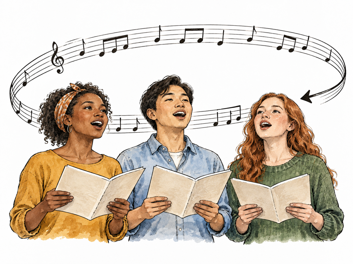 Three diverse singers repeat a refrain, musical staff loops back.