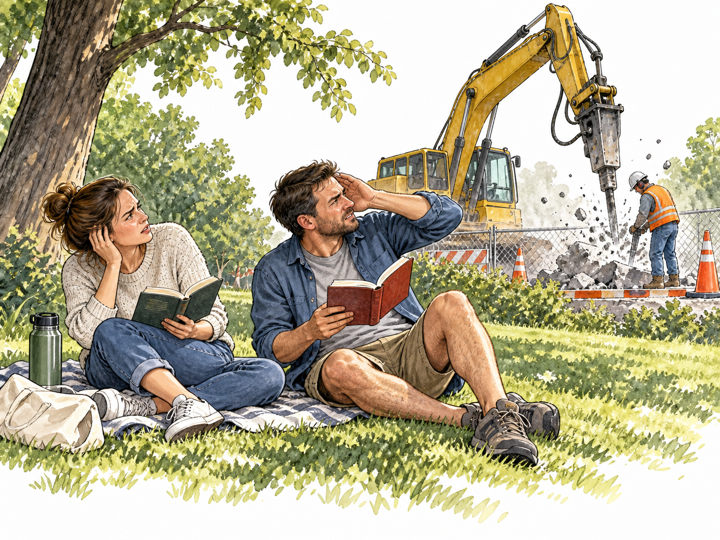 Loud construction disrupts peaceful outdoor readers.