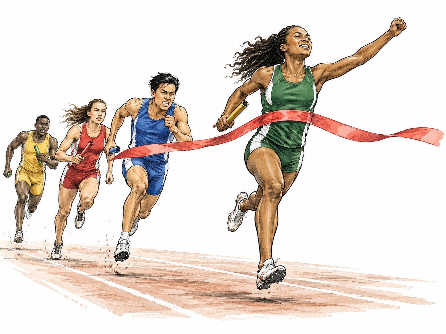 A diverse relay team's final runner reaches the tape as the contest peaks.