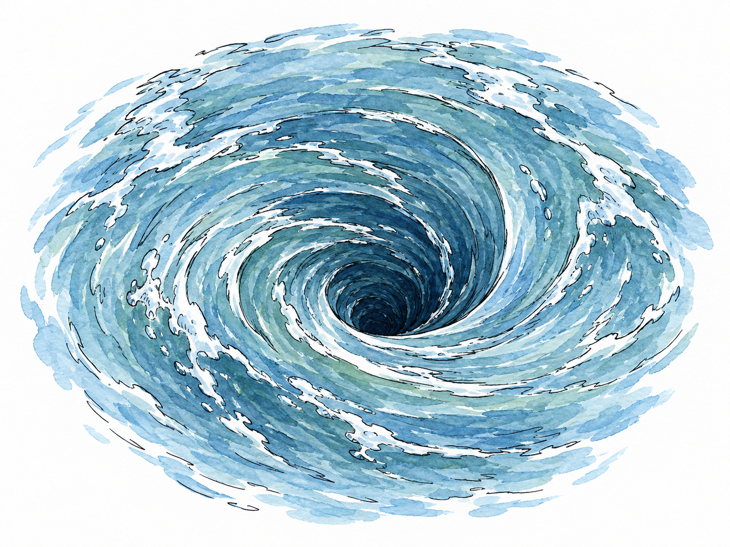 A clear spiral whirlpool in blue water viewed overhead.