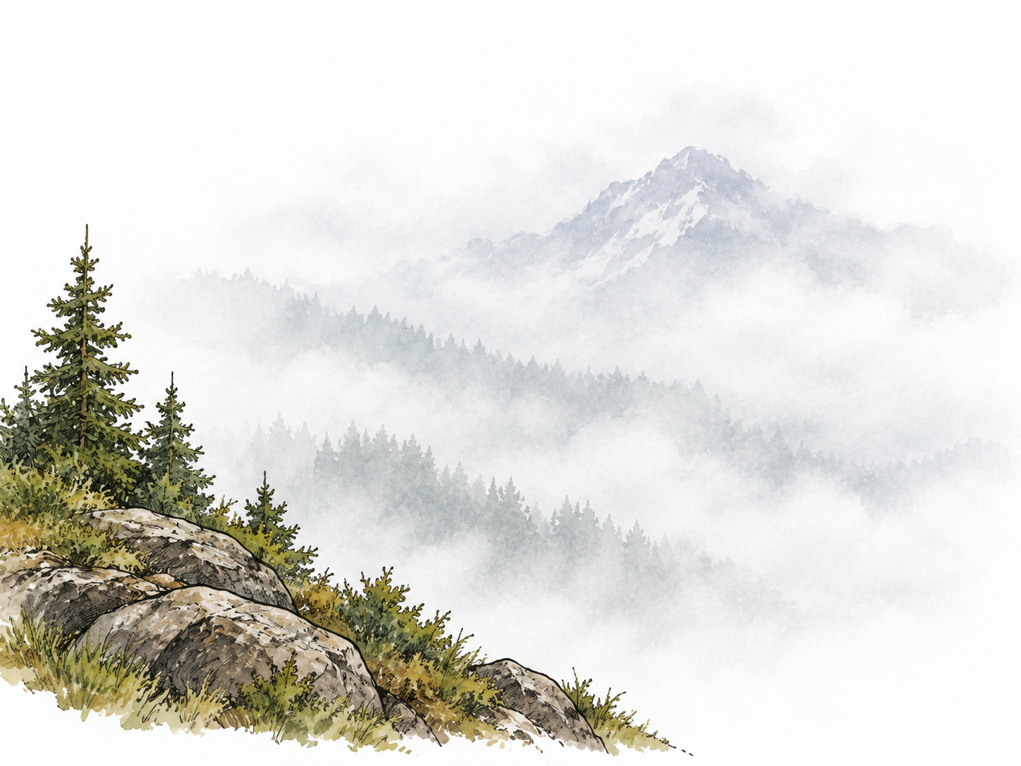 A distant mountain is barely visible through mist.