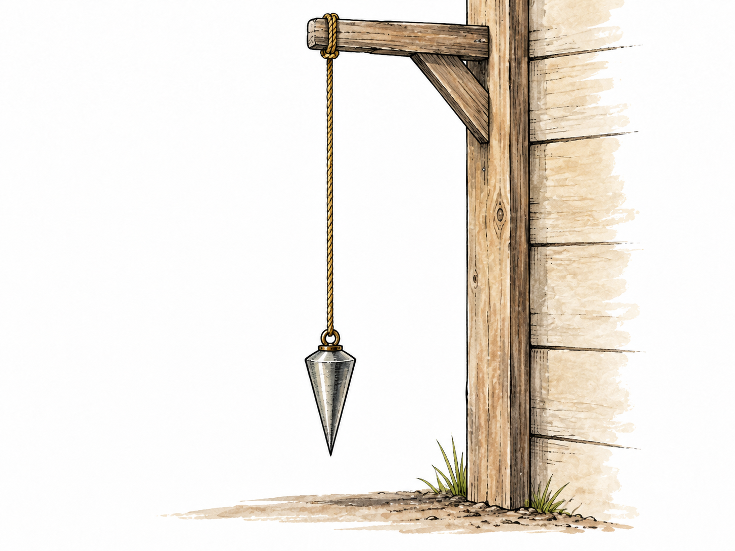 A plumb line hangs perfectly straight vertically beside a wall.