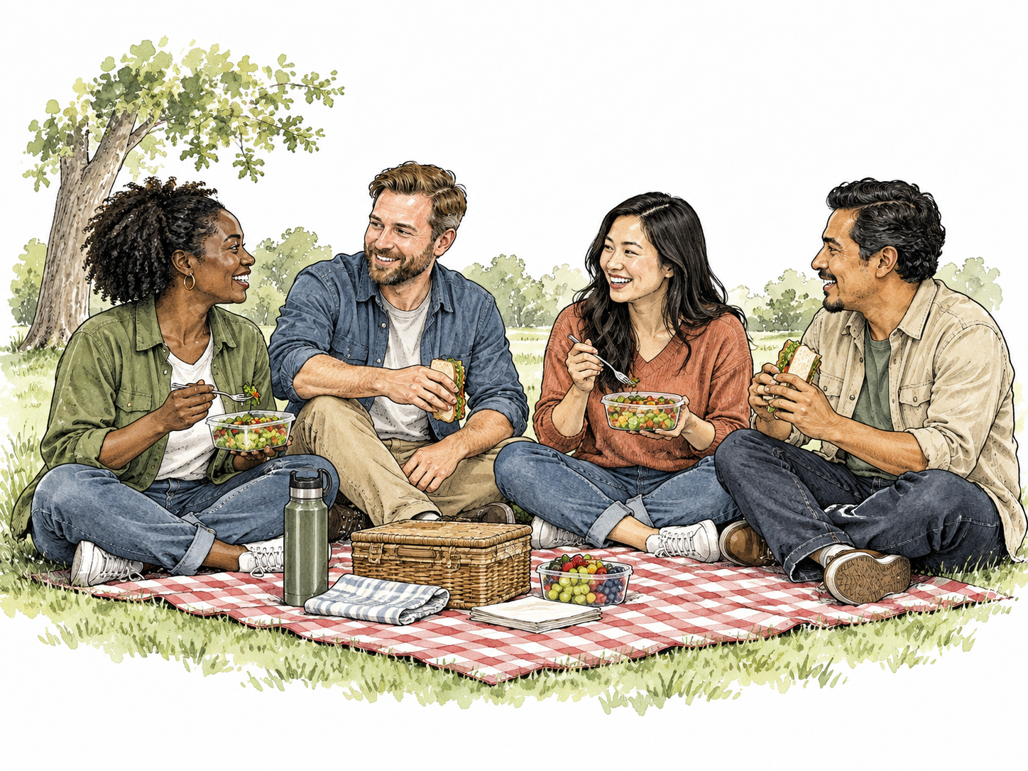 Four adults, Black woman, white man, East Asian woman, Latino man, sit together around a picnic blanket sharing lunch in a park.