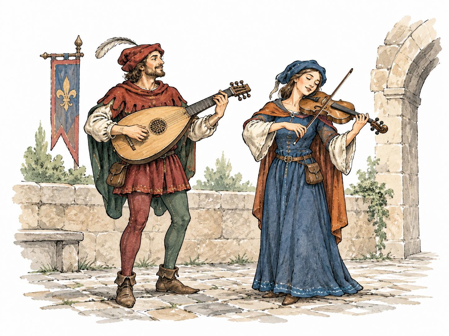 Two medieval musicians perform with lute and fiddle in a courtyard; no blackface imagery.