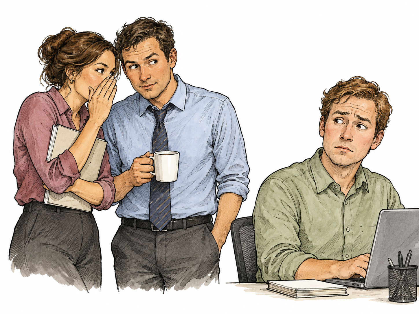 Two coworkers whisper with subtle accusatory glance at third, no speech text.
