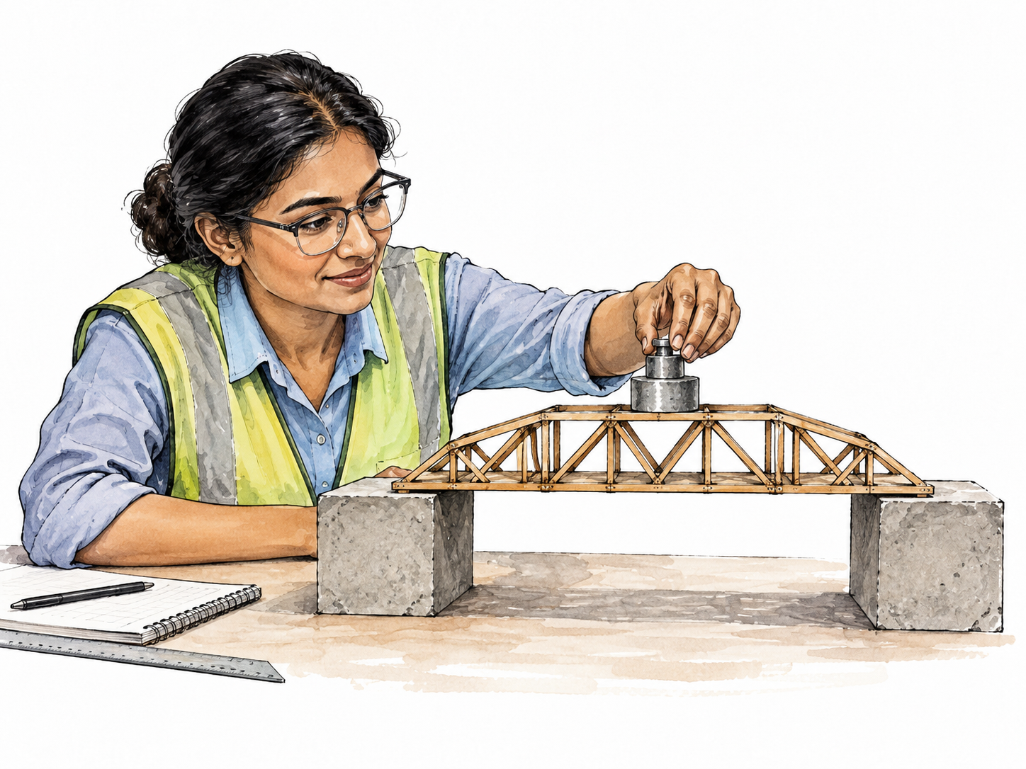 A South Asian engineer tests a small sturdy bridge model spanning two supports.