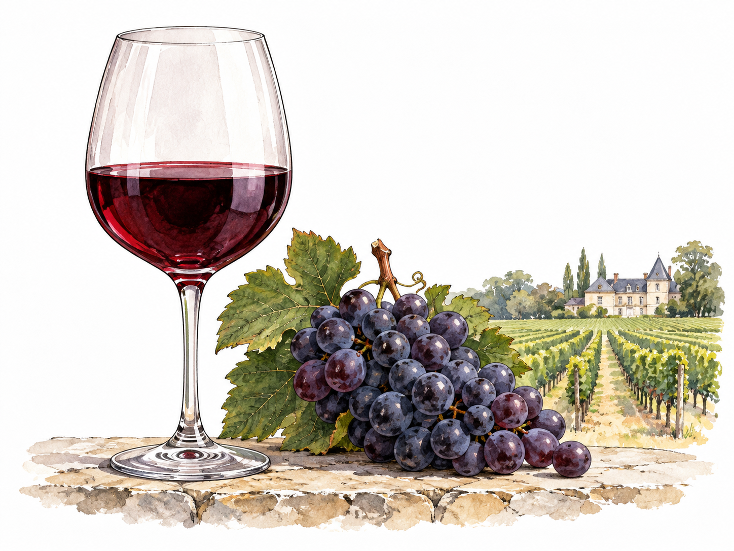 A glass of dark ruby wine beside Bordeaux-style vineyard grapes.