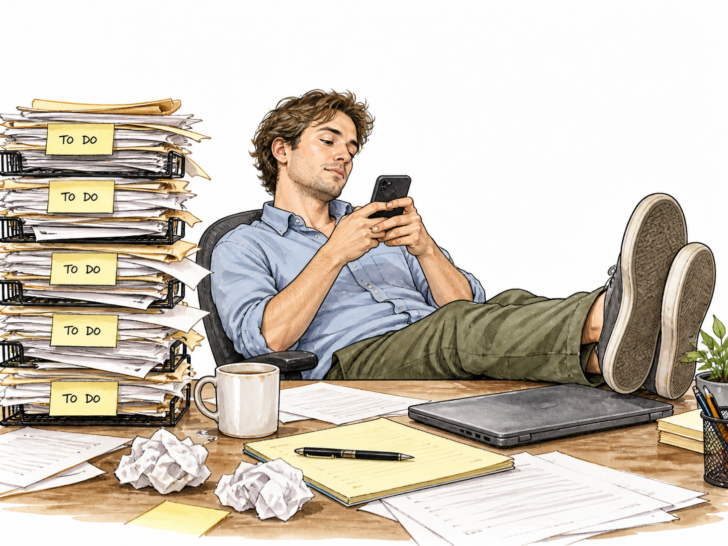 Repeated unfinished paperwork accumulates while worker idly scrolls.
