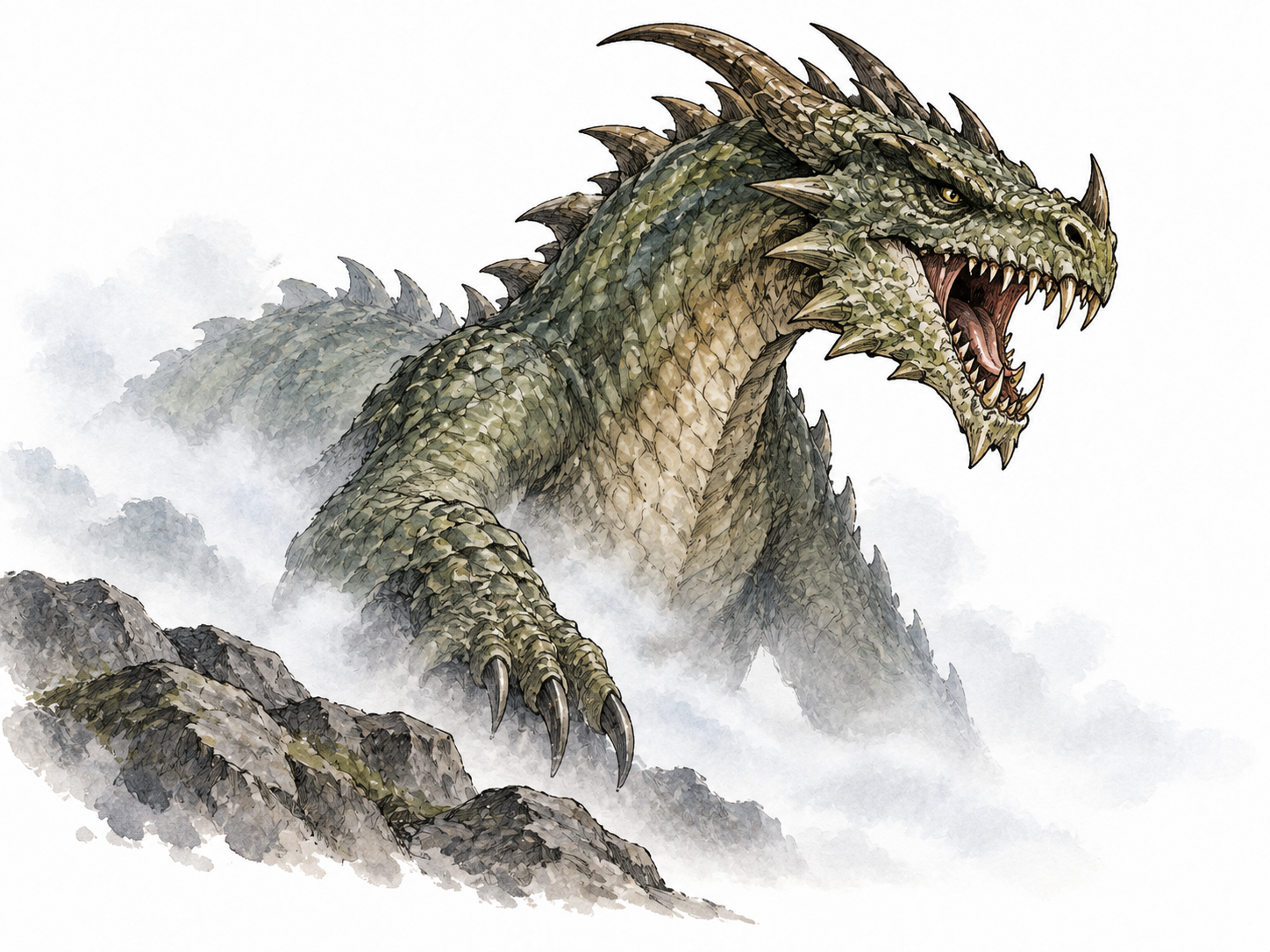 A fearsome huge imaginary scaled creature emerges from mist, realistic ink, no cute features.