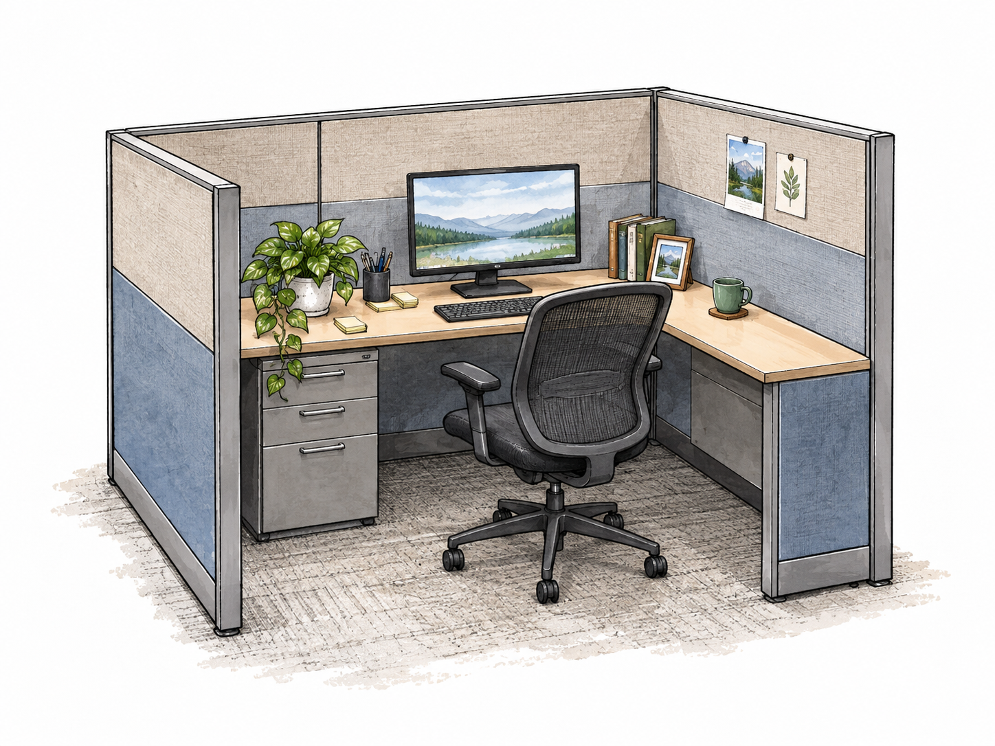 A compact office cubicle with three partition walls, desk, chair, monitor and personal plant, no person.