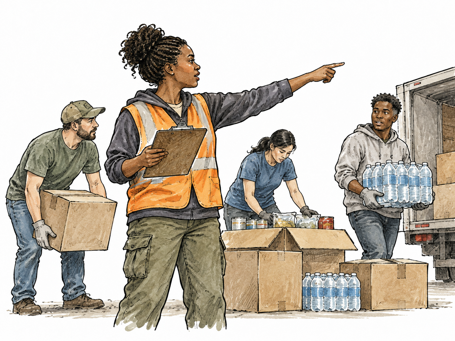 Black organizer directs volunteers gathering emergency supplies.