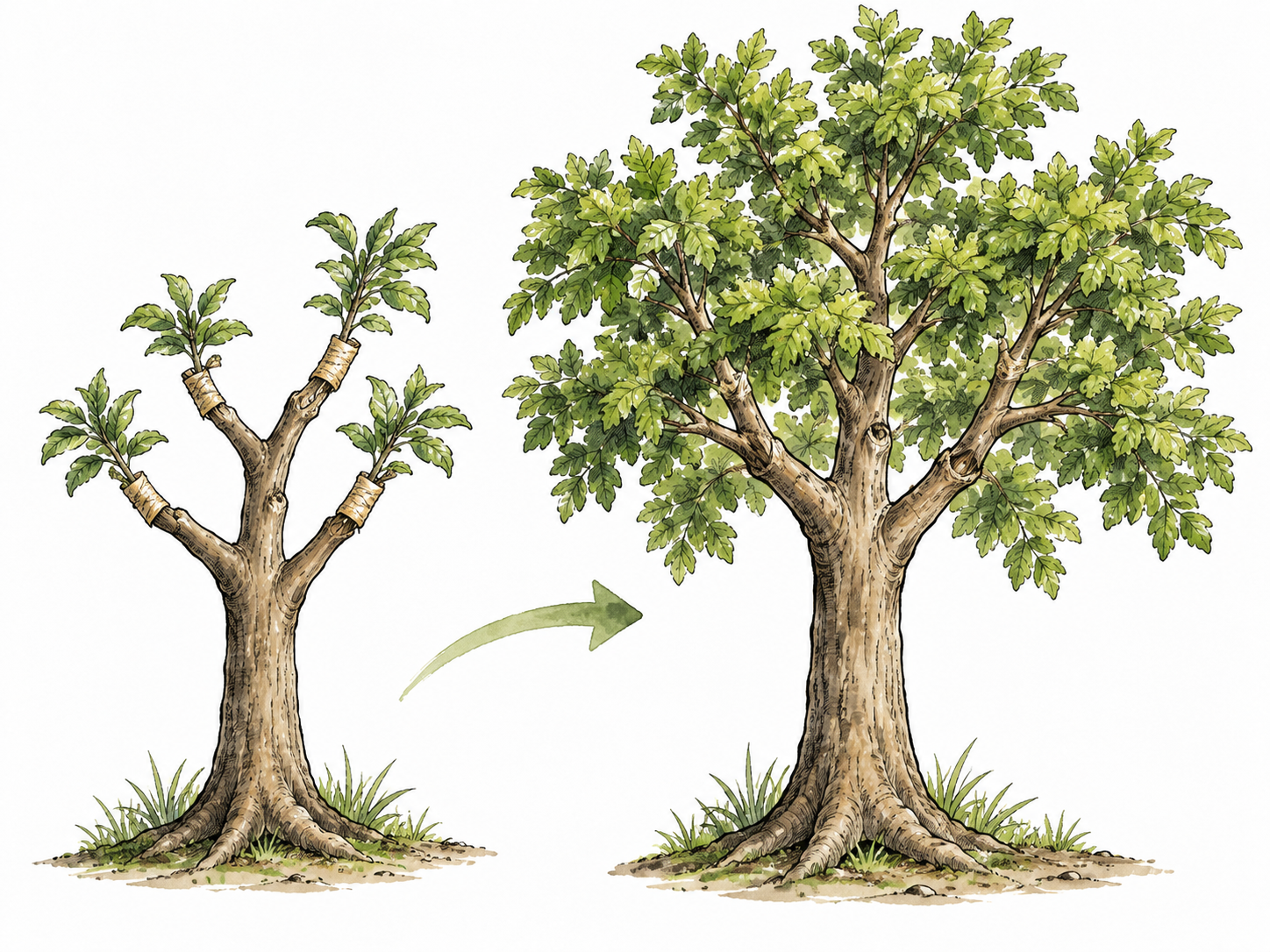 Tree grows fuller after new branches grafted, increase in size.