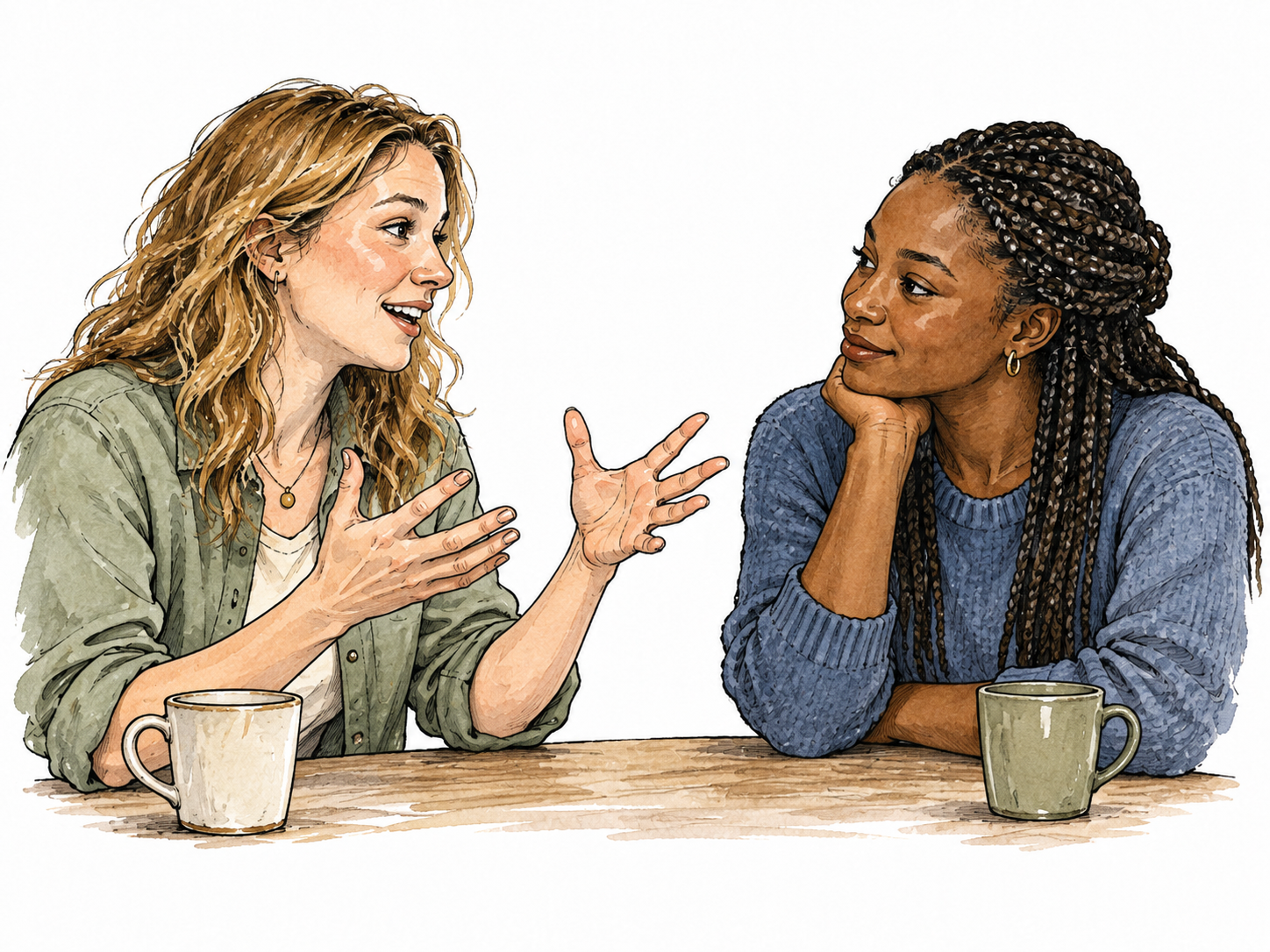 A white woman openly telling a friend about an idea using animated but natural hands, attentive Black listener.