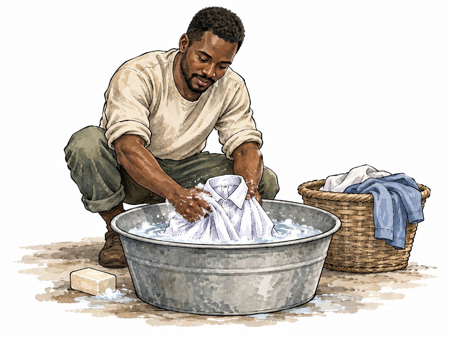 Black man washes a shirt in a basin with clear soapy water.