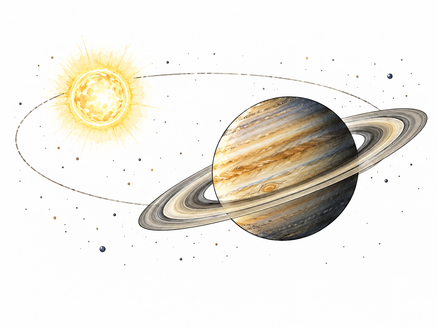 A large realistic ringed planet orbits near a distant star, simple educational space view.