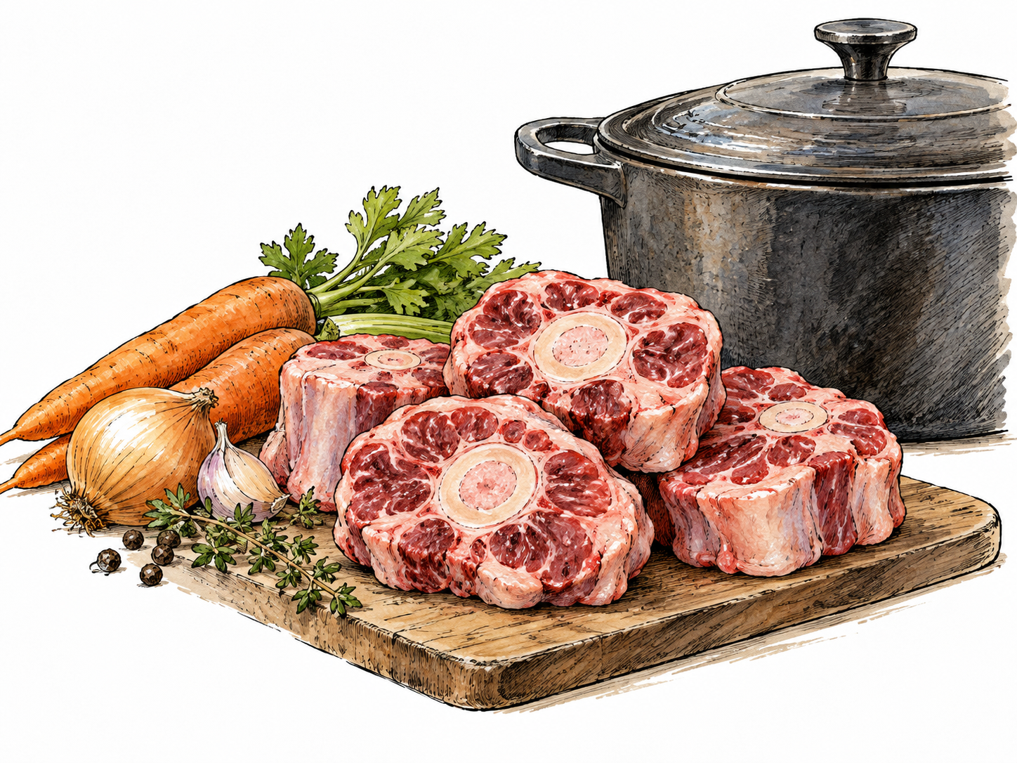 Several clean raw oxtail cross-sections ready for stew beside carrots and a cooking pot, food still life, not a carcass.