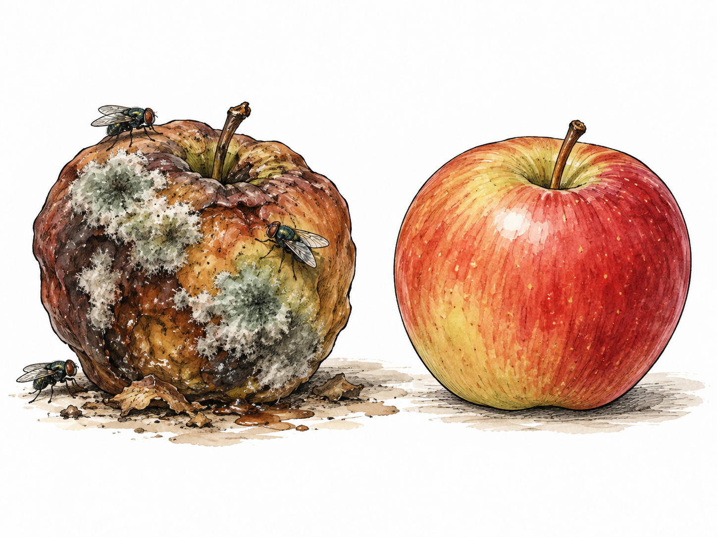 A visibly rotten apple with mold and flies beside a fresh apple, repugnant decay, restrained not grotesque.
