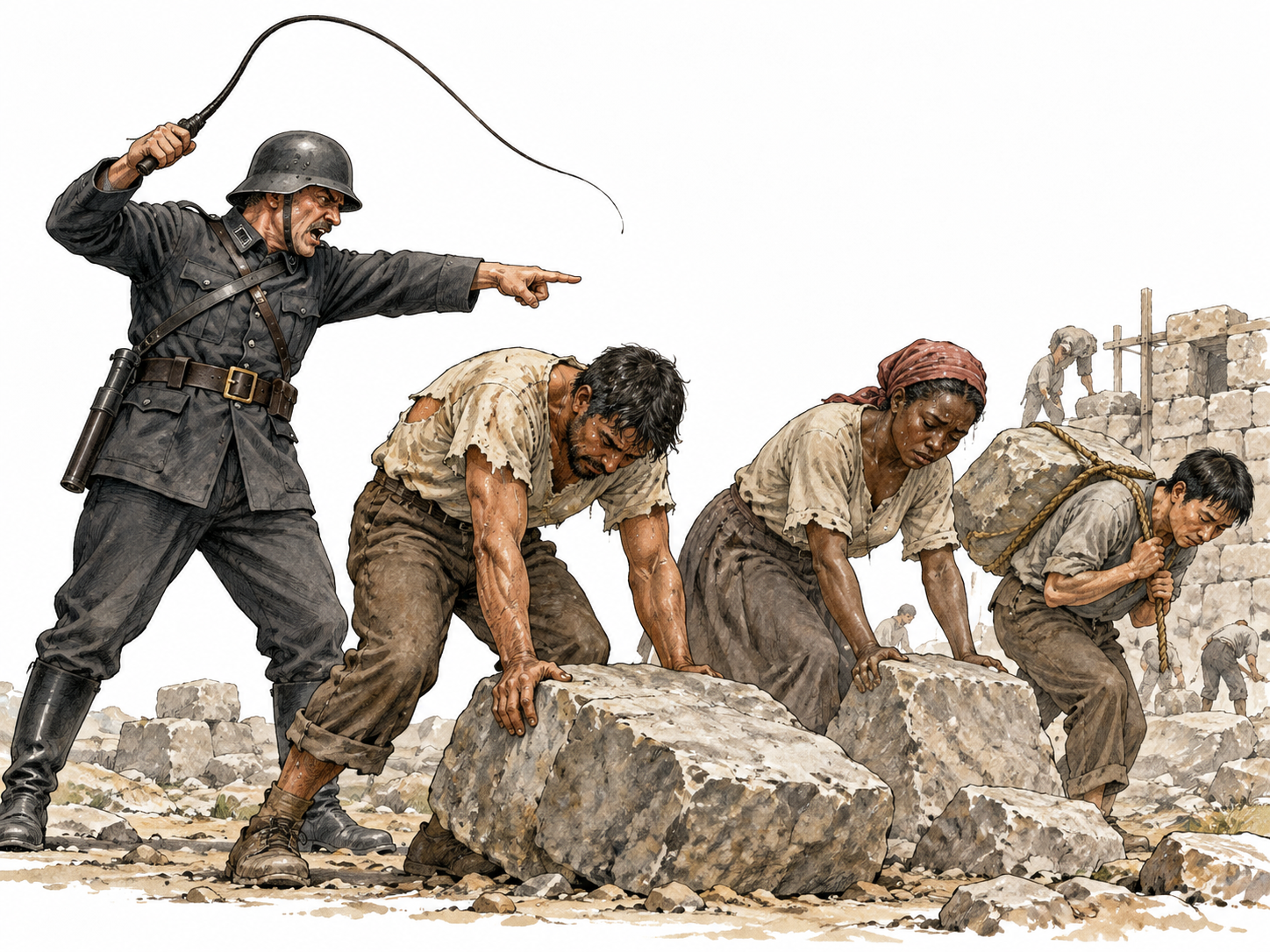 Authoritarian guard forces exhausted diverse workers to labor.