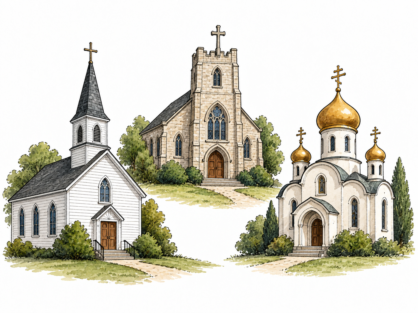 Three distinct modest church buildings representing named branches of one religious tradition.