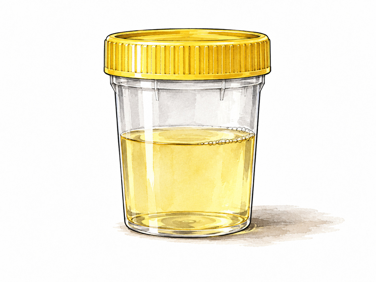 Sealed laboratory urine sample cup with pale yellow liquid.