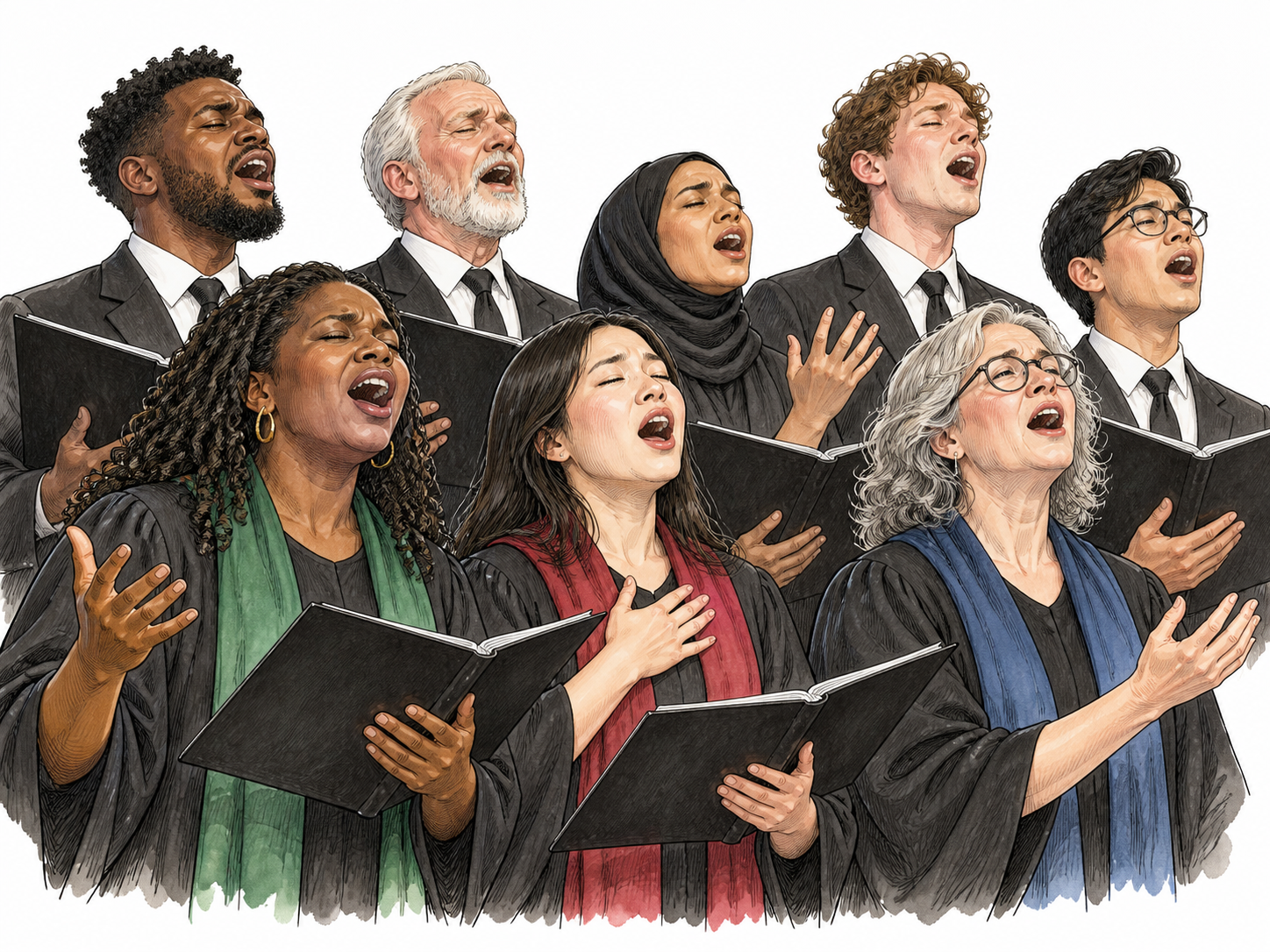 Diverse choir sings with intense shared feeling.