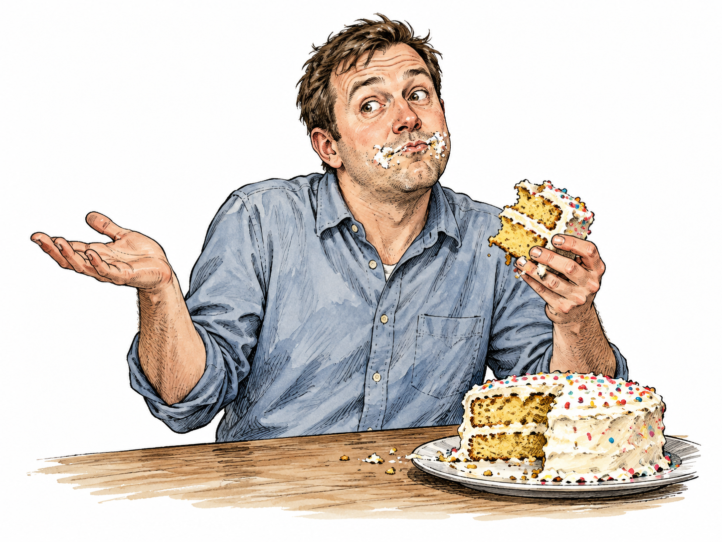 White adult denies taking cake despite obvious icing on mouth and slice in hand.
