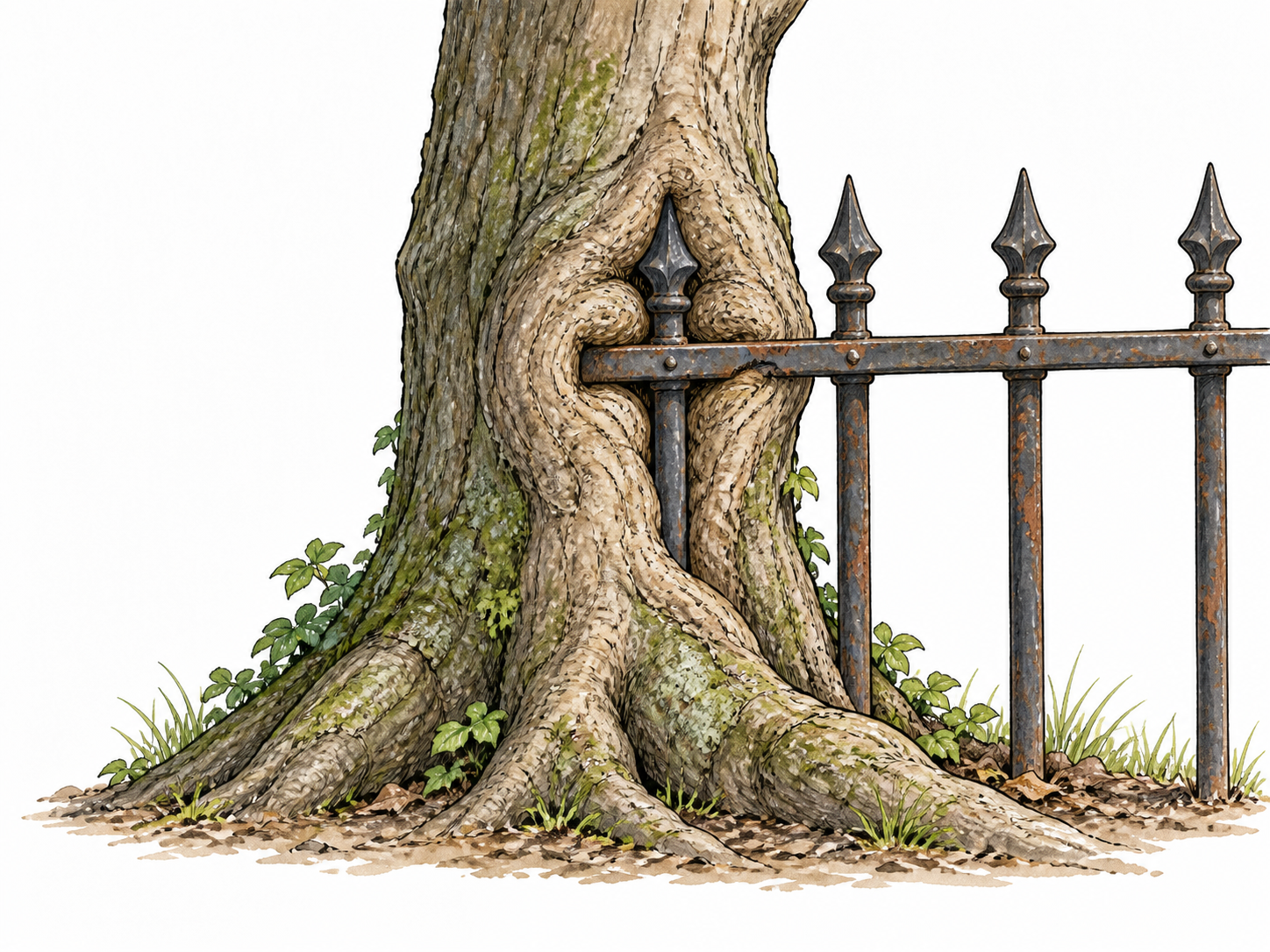A sturdy tree has grown around an embedded old iron railing, lasting attachment.