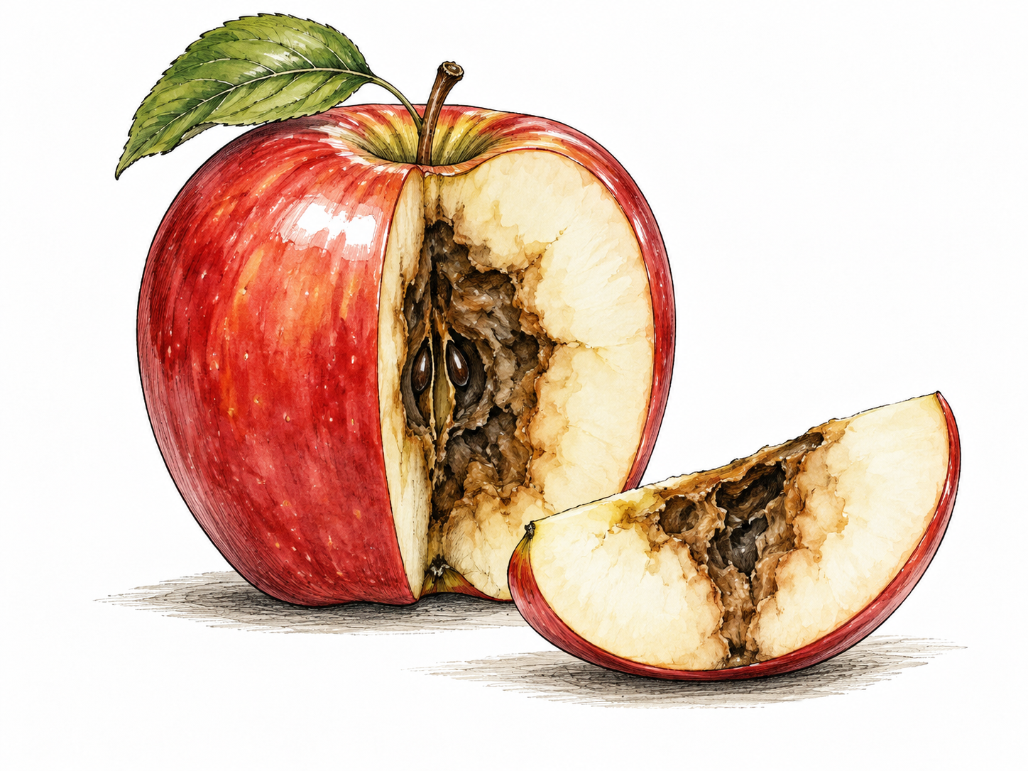 Glossy apple with hidden rotten center revealed by cutaway.