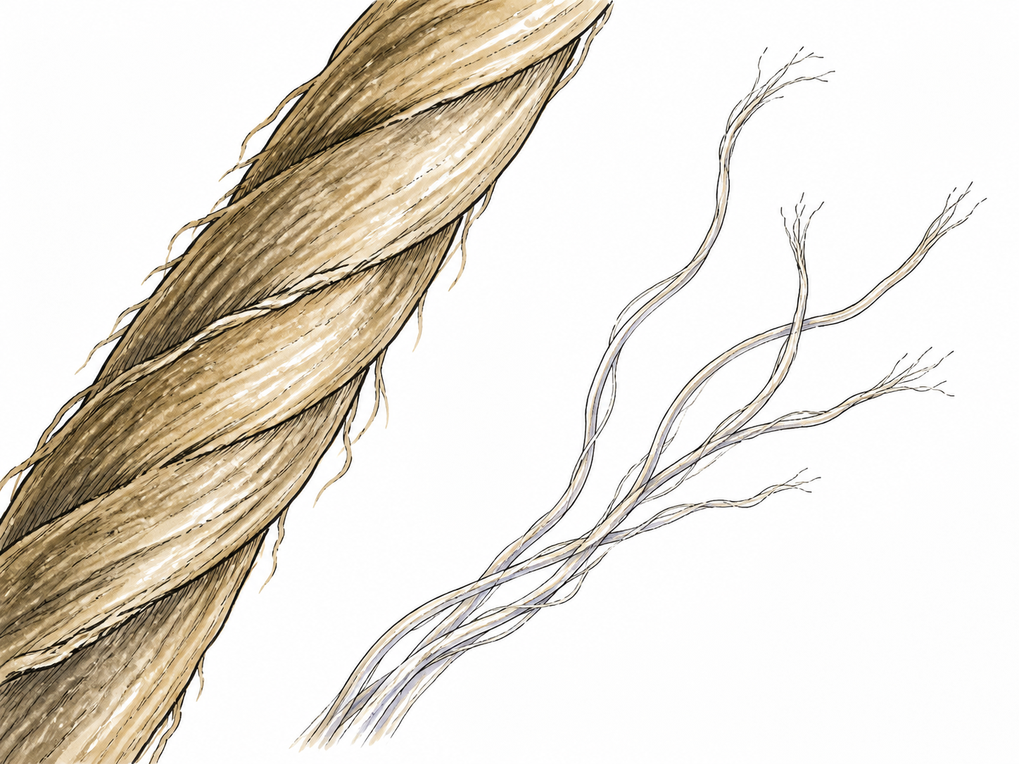 Magnified threadlike microfibers beside a single larger fiber for scale.