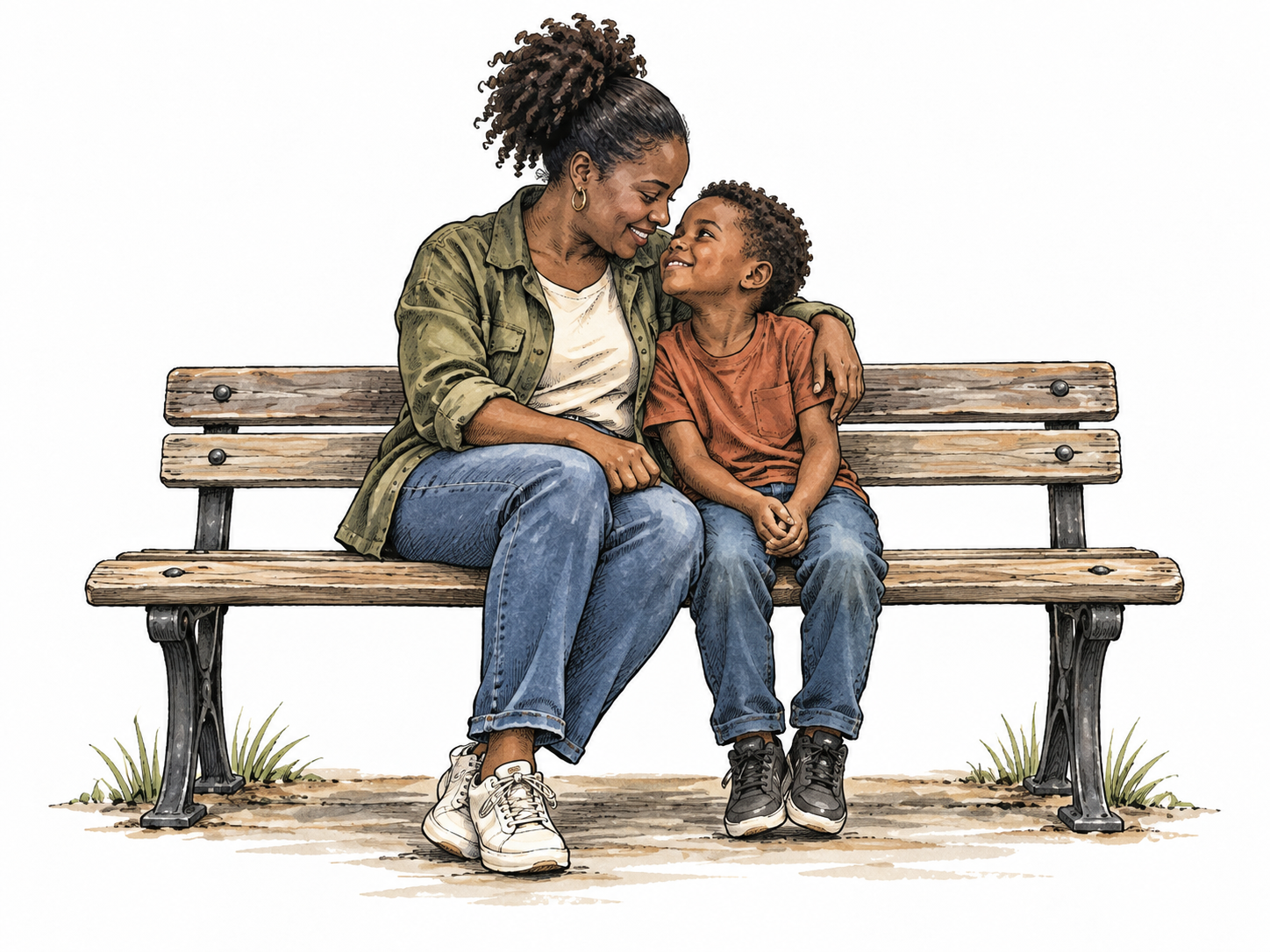 A mother and child sitting close together on a bench, Black family, very small physical distance.