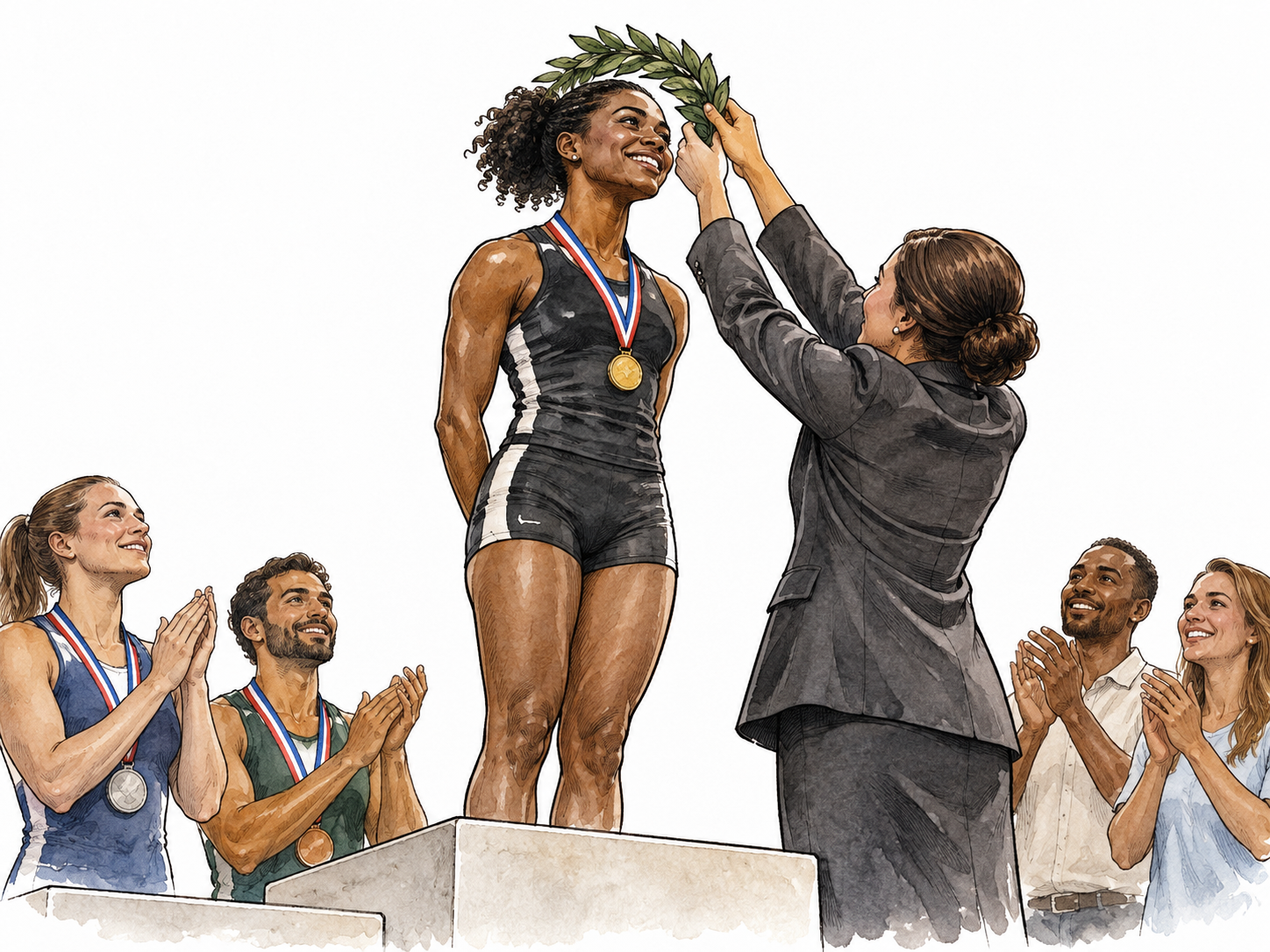 A Black female athlete receiving a laurel wreath on a podium while people applaud, earned honor.