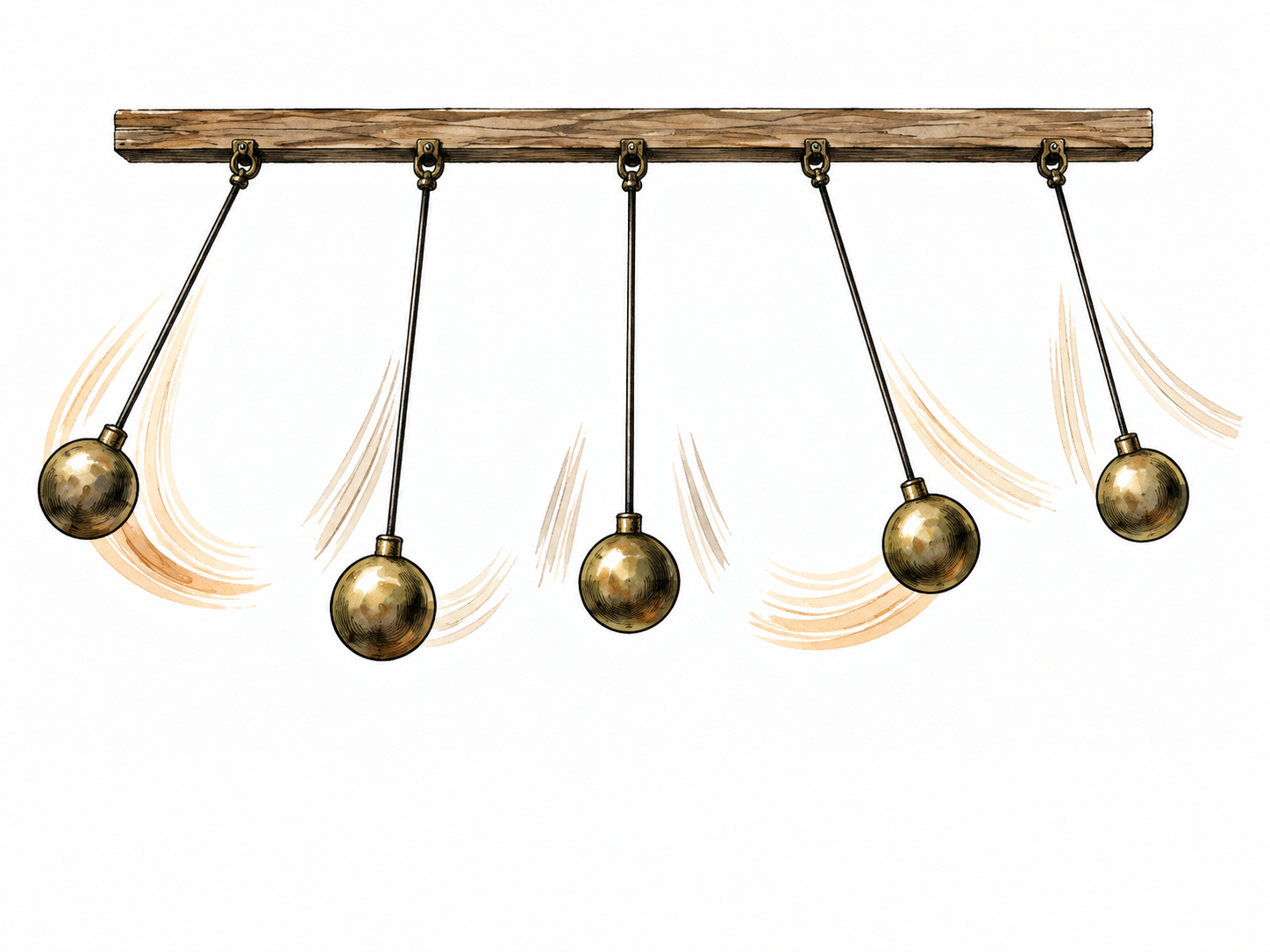 A row of pendulums swinging out of sync, uneven positions and repeated but irregular motion trails, no anatomical context.