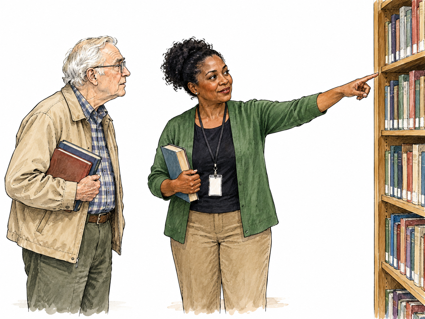 A Black librarian points an older white patron toward the correct shelf.