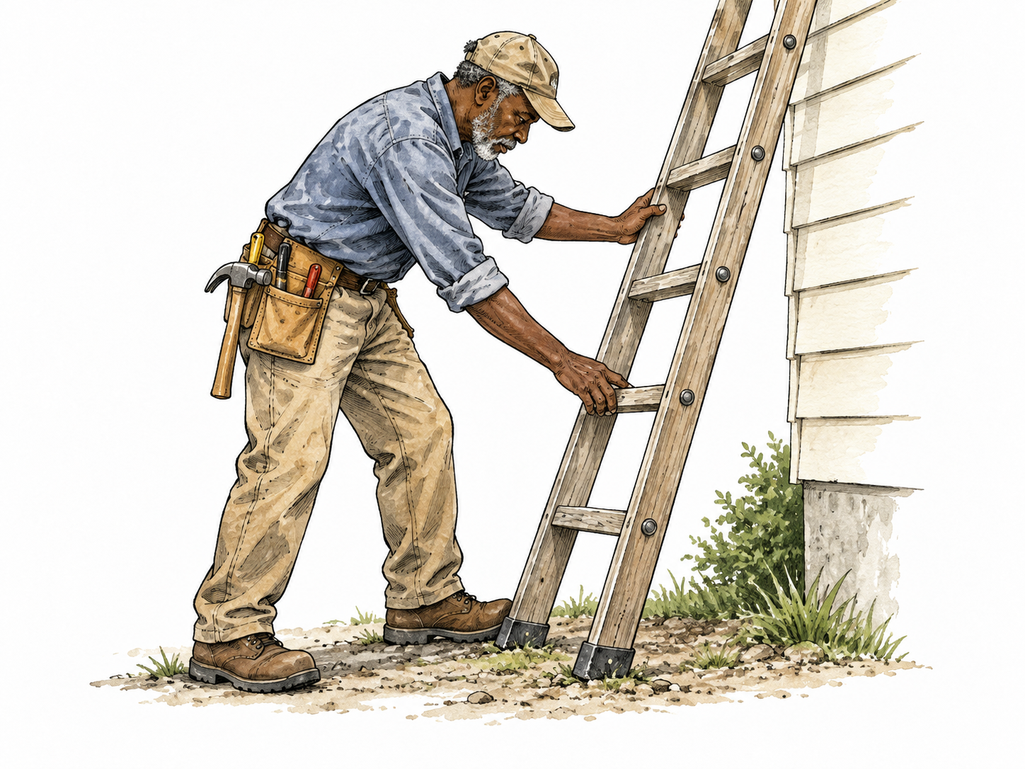 Older Black carpenter checks a ladder's stability before climbing.