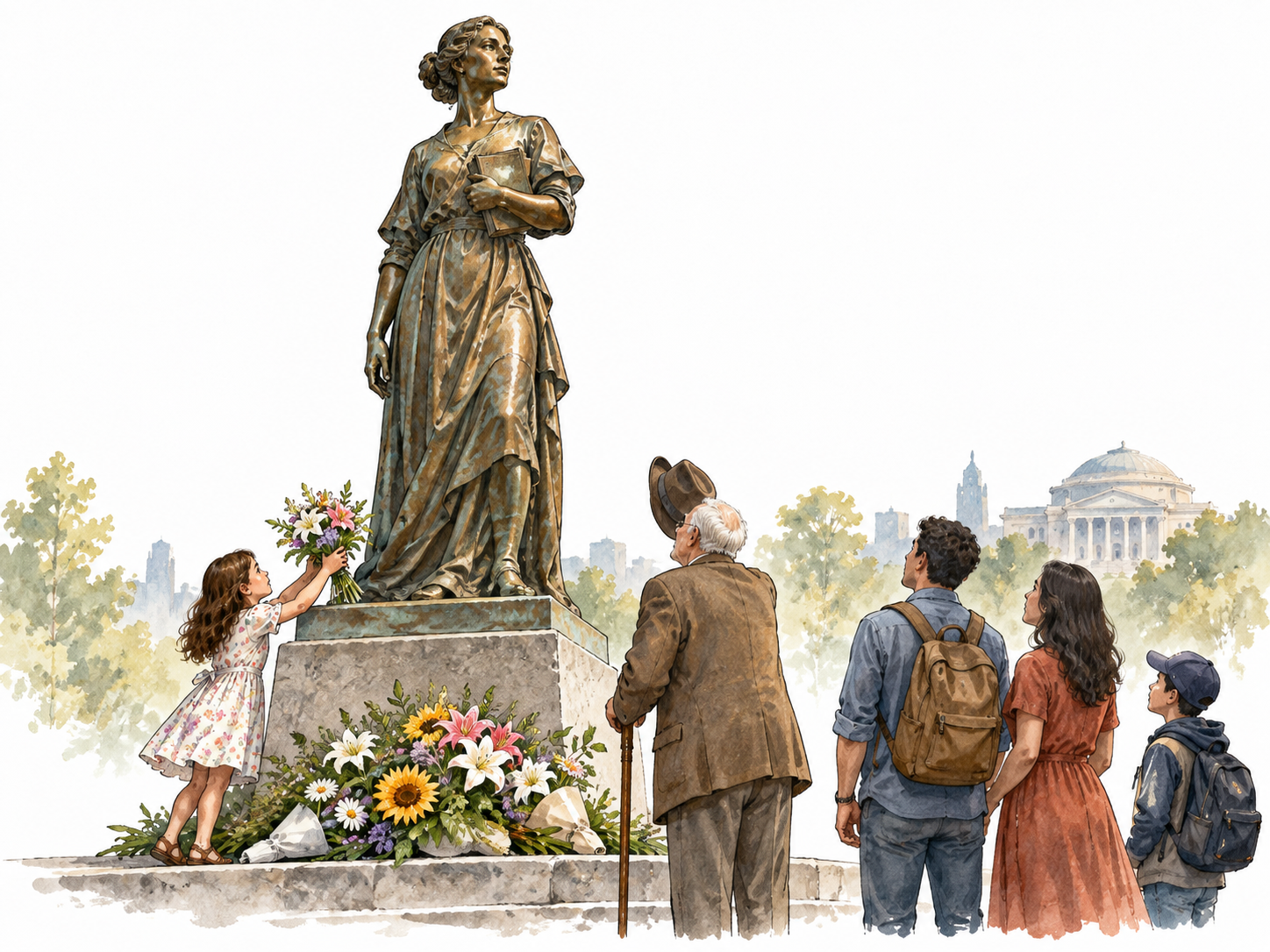 A durable bronze statue of an admired woman with fresh flowers at its base across softly suggested passing generations, remembered forever.