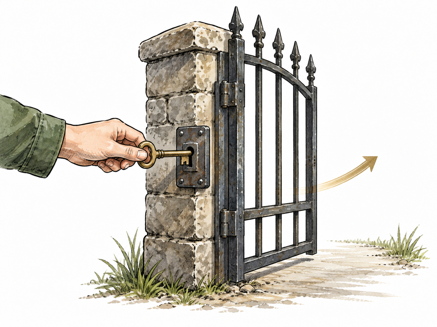 A gate opens only when a matching key is inserted; clear conditional relationship.