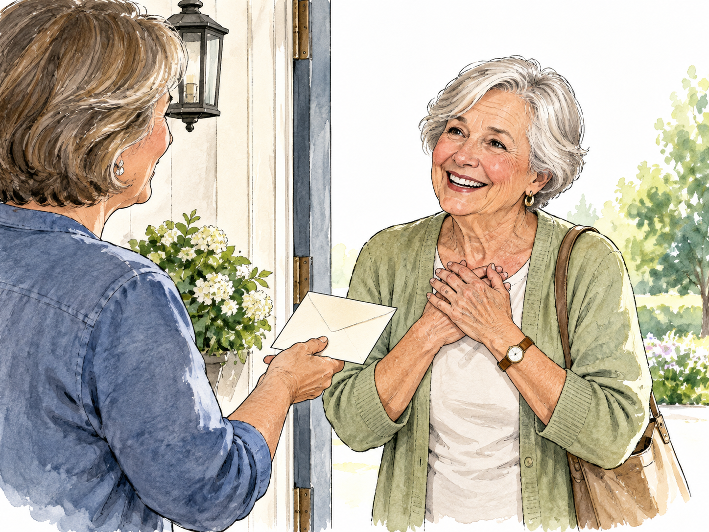White older woman warmly accepts invitation.