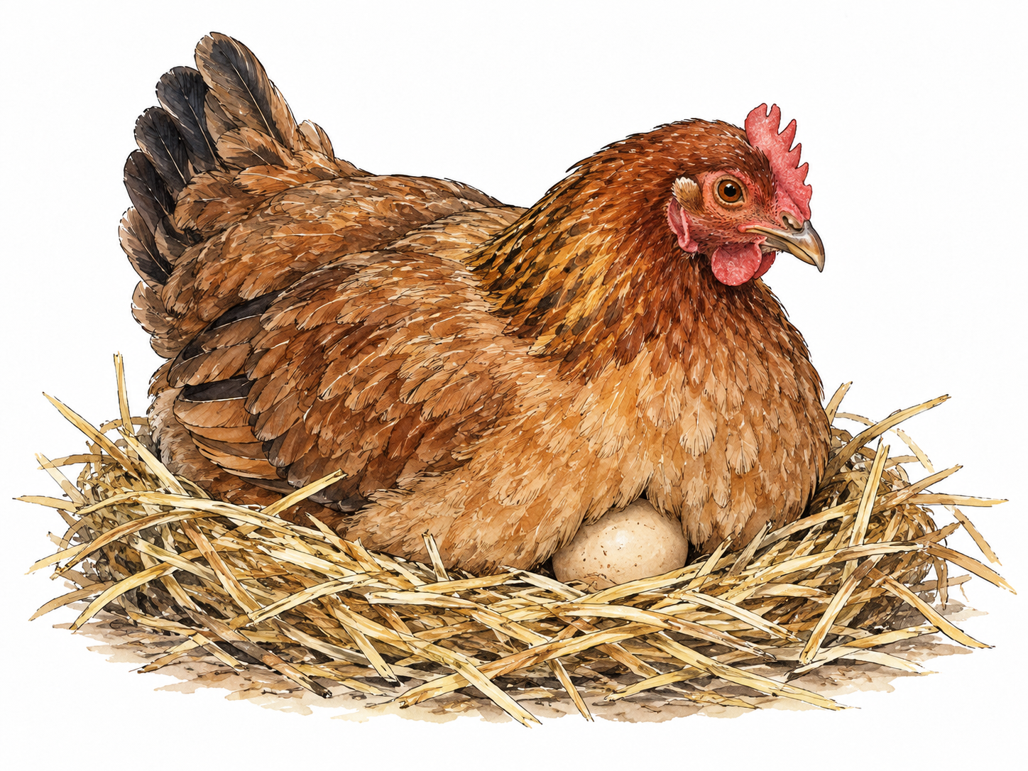 A hen covering eggs with her warm feathers, one egg visible beneath breast in a straw nest.