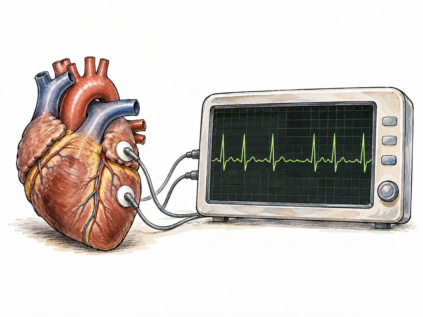 A clean ECG monitor showing an unmistakably irregularly spaced heartbeat trace beside a simple heart model, no text or alarming emergency.