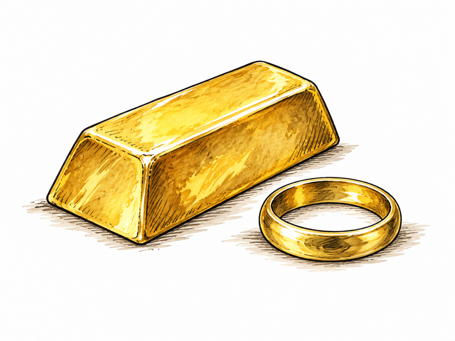 A small gold ingot and simple gold ring, rich metallic yellow.