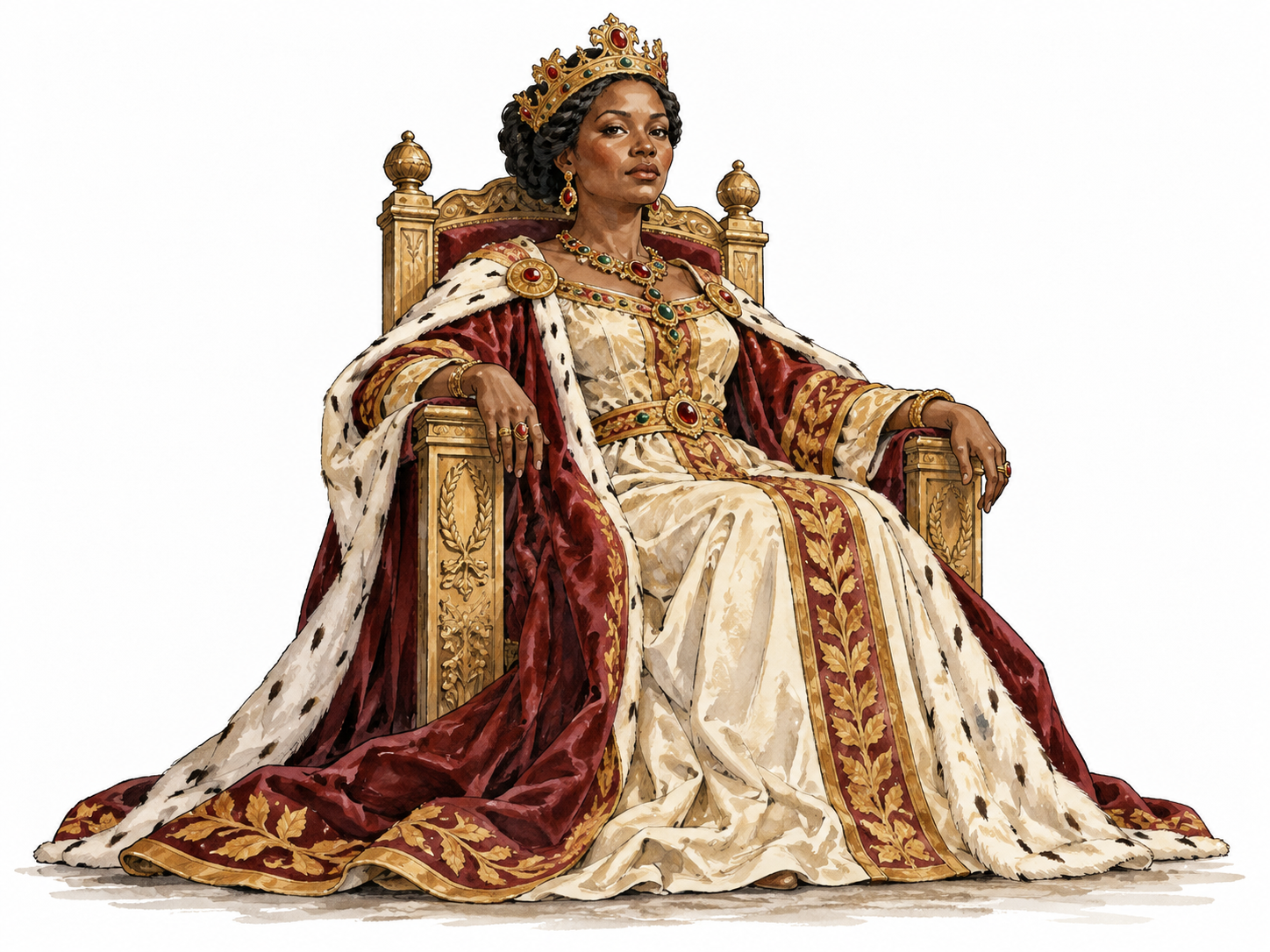 A Black empress seated confidently on an elegant historical throne, rich restrained robes, dignified authority.
